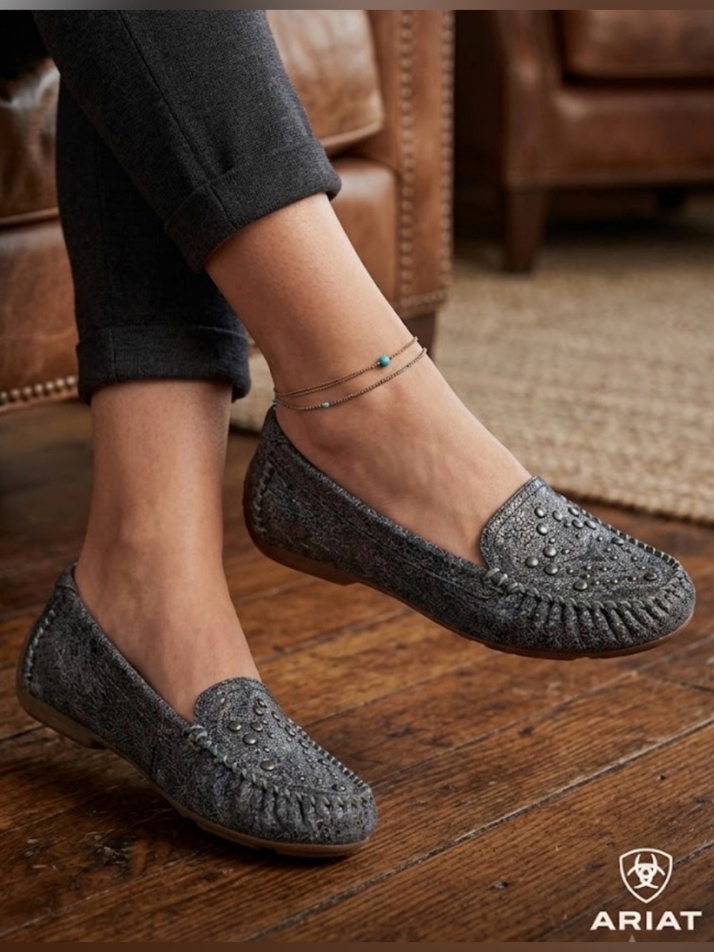 Ariat Embellished Moccasin Driving Loafers in Crackle Concrete Blue - Size 7